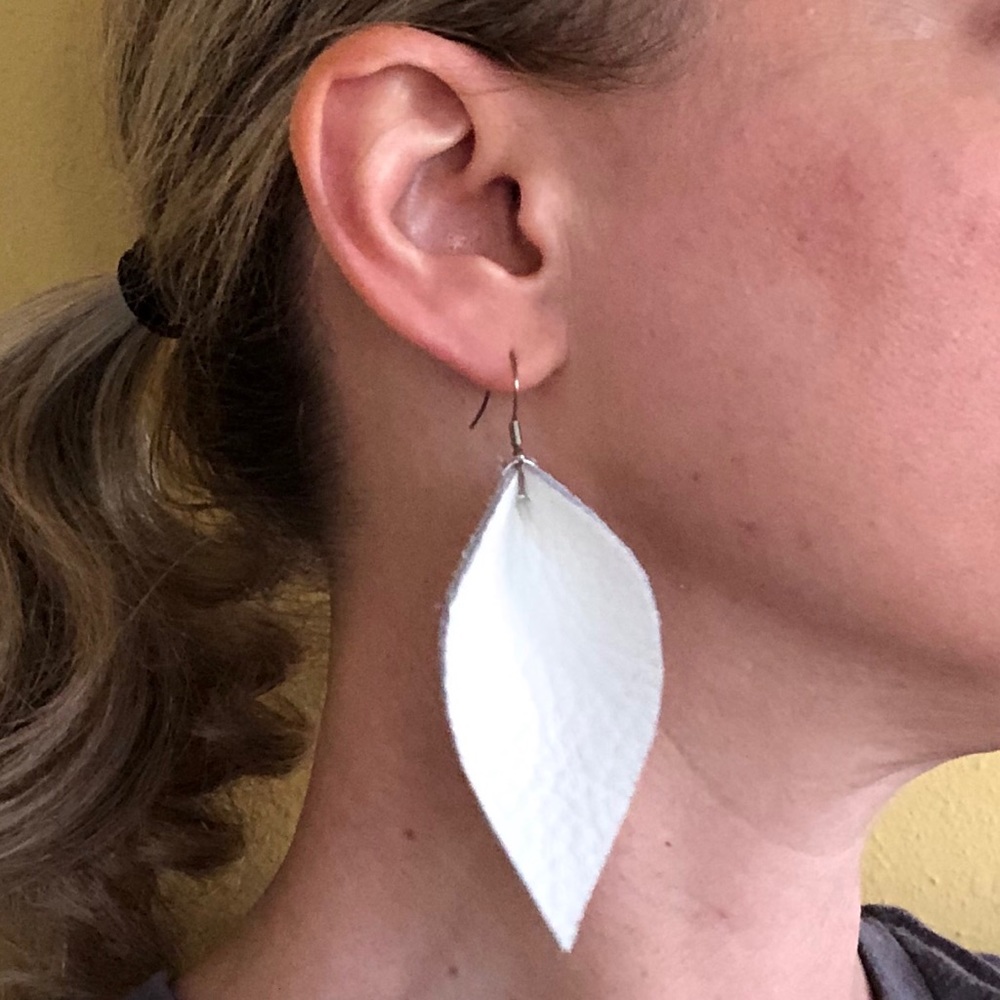 White - Real Leather Leaf Earrings! Super Soft!